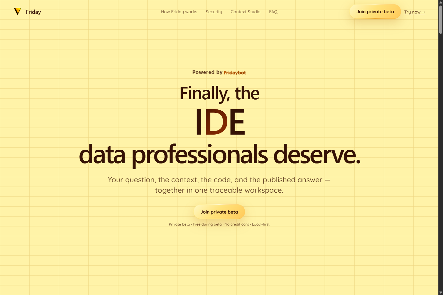 The original Friday landing page, introducing the IDE for data professionals.